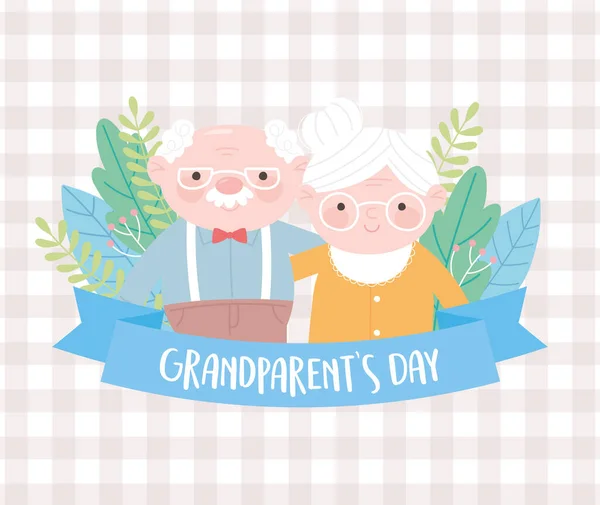 Feliz día de los abuelos, linda pareja de edad junto con flores follaje tarjeta de dibujos animados — Vector de stock