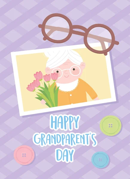 Heureux grand-parents jour, mignonne mamie avec des fleurs photo et lunettes carte de dessin animé — Image vectorielle