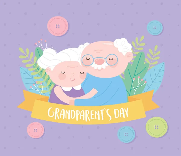 Glückliche Großeltern Tag, Oma und Opa umarmten Charakter Cartoon Blumen Band Karte — Stockvektor