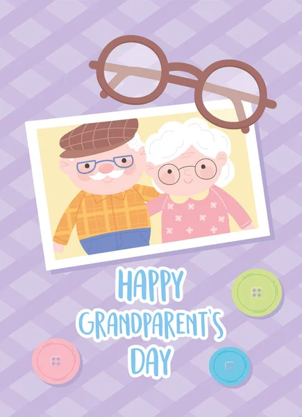 幸せな祖父母の日、おじいちゃんとおばあちゃん一緒に眼鏡やボタンの装飾漫画カードと写真 — ストックベクタ