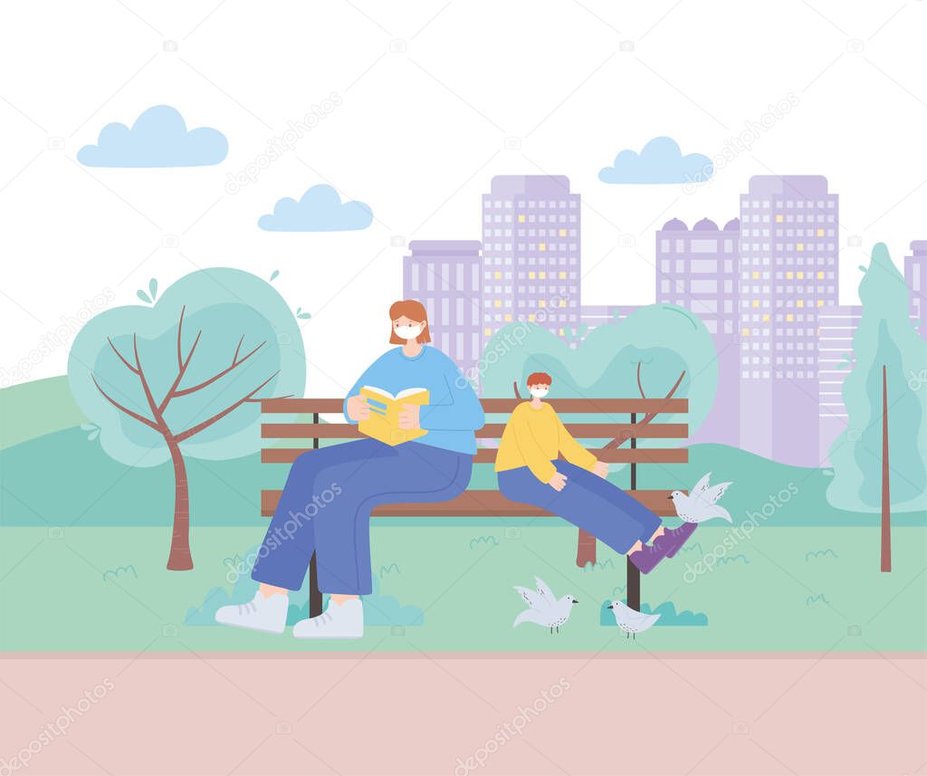 people with medical face mask, woman with kid on bench in the park, city activity during coronavirus