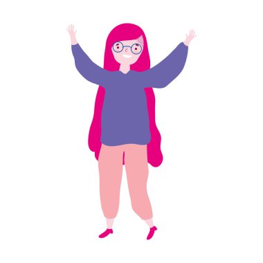 Uzun saçlı genç kadın izole tasarım ikonunu kutluyor.