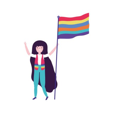 Gurur geçidi lgbt topluluğu, yelekli kadın ve gökkuşağı kutlama karikatürlü bayrak