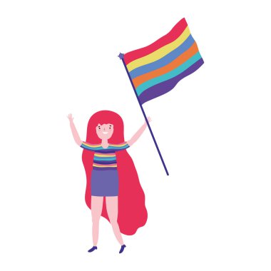 Gurur geçidi lgbt topluluğu, tişörtlü kadın ve gökkuşağı kutlama karikatürlü bayrak