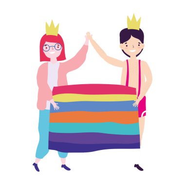 Gurur geçidi lgbt topluluğu, gökkuşağı bayrağı taşıyan kadın ve erkek