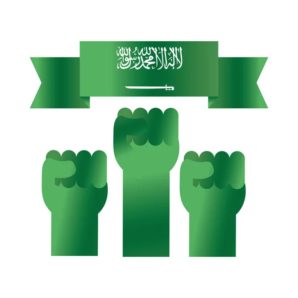 Día nacional árabe saudí, verde levantado manos cinta gradiente icono de estilo — Vector de stock