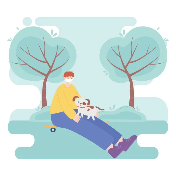 People with medical face mask, boy sitting on skate with dog in the park, city activity during coronavirus — Stock Vector