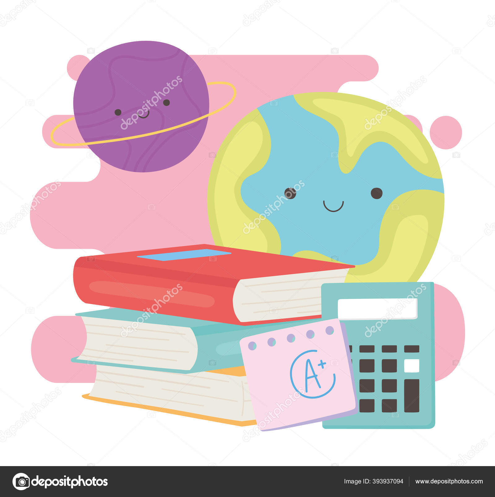 Volver a la escuela, libros calculadora papel y planetas educación dibujos  animados Vector de stock por ©stockgiu 393937094
