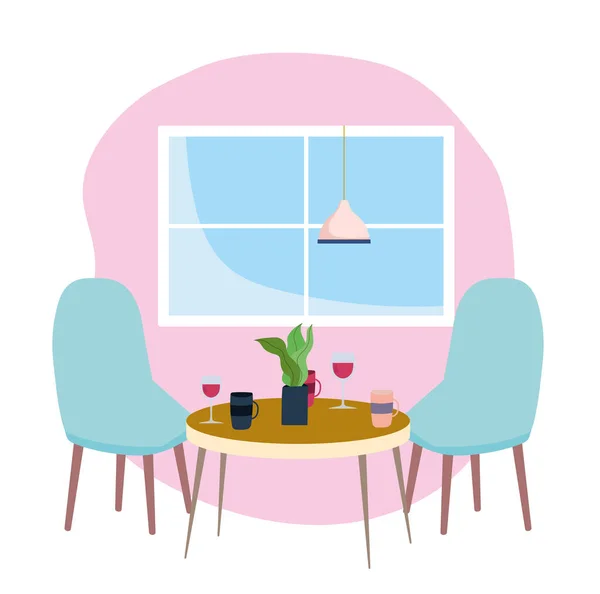 Restaurant ou une table de café table table de fenêtre avec des tasses à café de vin — Image vectorielle
