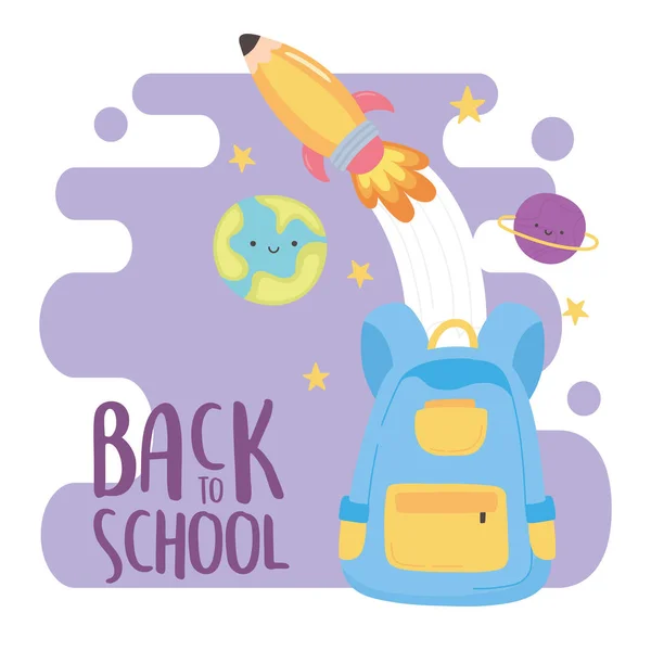 Volta para a escola, mochila foguete e planetas desenho animado educação —  Vetores de Stock