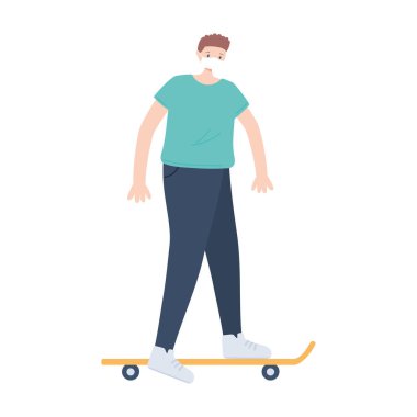 Tıbbi maskeli insanlar, kaykay karakterli genç bir adam, koronavirüs sırasında şehir aktivitesi