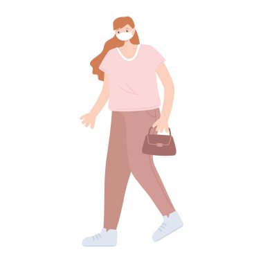 Tıbbi maske takan kadın enfeksiyon riskini önlüyor. 19, izole tasarım ikonu.