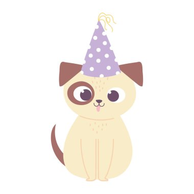 Parti şapkalı şirin köpek mutlu yıllar çizgi film izole tasarım ikonu