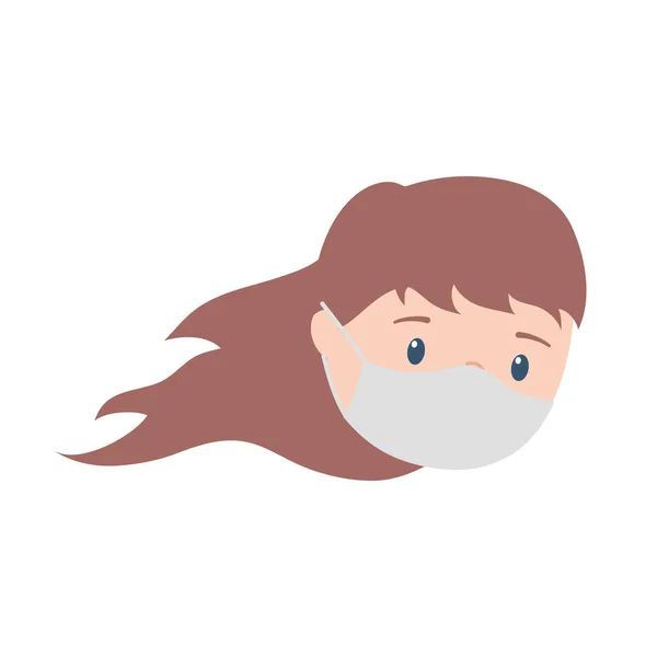 Covid 19 coronavirus, chica con protección de máscara médica, icono de diseño aislado — Vector de stock