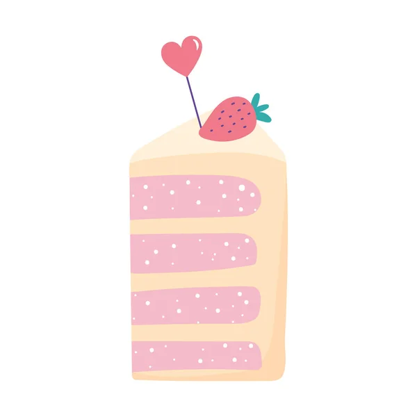 Pastel de feliz cumpleaños pieza con fruta y corazón de dibujos animados icono de diseño aislado — Archivo Imágenes Vectoriales