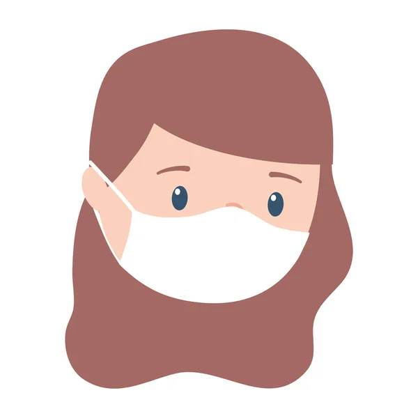Covid 19 coronavirus, meisje met medische masker bescherming, geïsoleerd ontwerp icoon — Stockvector
