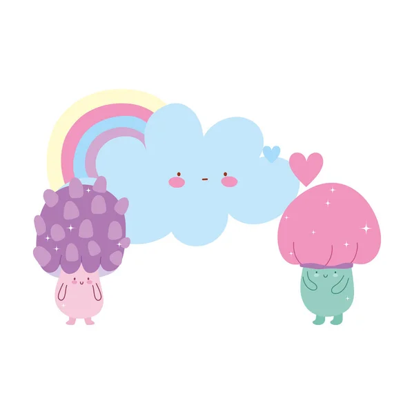 Kleine magische paddenstoelen regenboog wolk harten verhaal cartoon — Stockvector