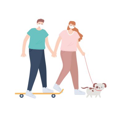 Tıbbi maskeli insanlar, kaykay süren çocuk ve köpekle yürüyen kız, Coronavirus sırasındaki şehir aktivitesi.