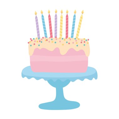 Mutlu yıllar mumlu tatlı pasta karikatür izole tasarım ikonu