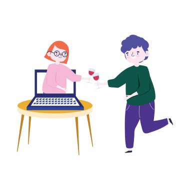 Çevrimiçi parti, arkadaşlarla tanışma, şarap bardağıyla kutlama yapan bir adam.