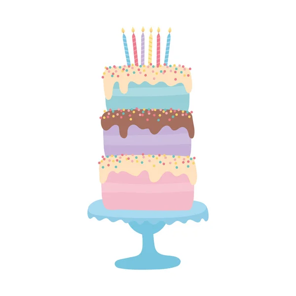 Happy birthday cake with candles cartoon isolated design icon — Stock Vector