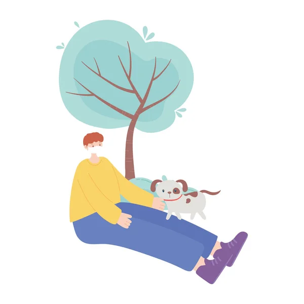 医療面マスクを持つ人々公園の犬と座っている少年コロナウイルス中の都市活動 — ストックベクタ