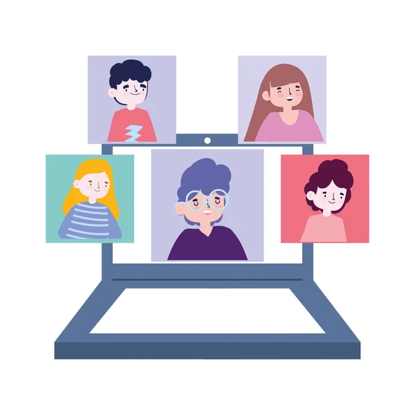 Online party, träffa vänner, människor hålla kontakten med hjälp av videosamtal på bärbar dator — Stock vektor