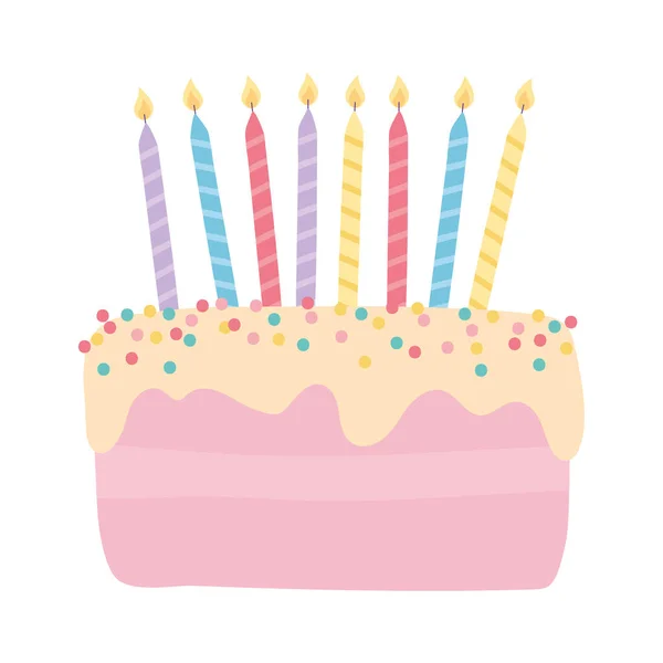 Šťastný narozeninový sladký dort s hořící svíčky oslava karikatura izolovaný design ikona — Stockový vektor