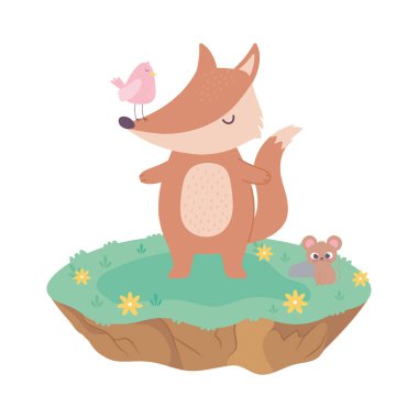 Şirin tilki ve fare hayvanları Çiçek karikatürlü sevimli