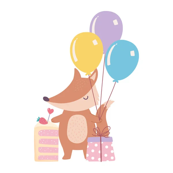 Feliz cumpleaños, lindo zorro con regalo de pastel y globos decoración de la celebración de dibujos animados — Archivo Imágenes Vectoriales