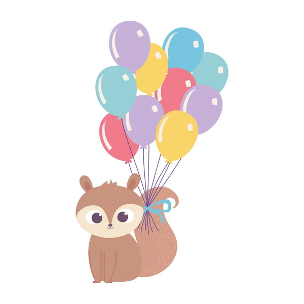 Feliz cumpleaños, linda ardilla con globos en la celebración de la cola de dibujos animados decoración — Vector de stock