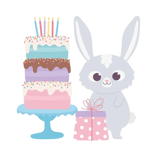 Happy birthday, cute rabbit with sweet cake and gift celebration decoration cartoon — стоковый вектор