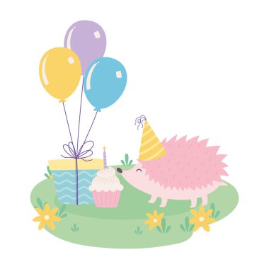 Mutlu yıllar, hediye kekli ve balonlu şirin kirpi kutlama karikatürü.