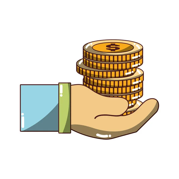 Hand met munten geld pictogram geïsoleerde ontwerp schaduw — Stockvector