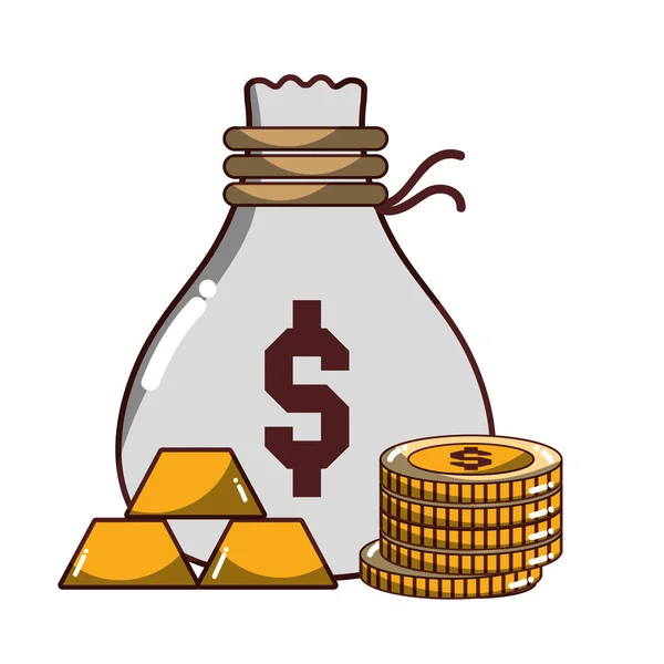 money business money bag coins and gold bars icon isolated design shadow