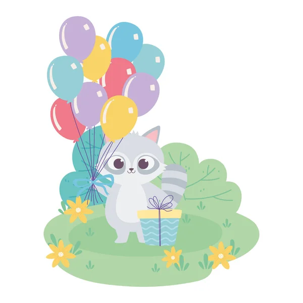 Feliz cumpleaños, lindo mapache con globos de racimo y regalo decoración de la celebración de dibujos animados — Vector de stock