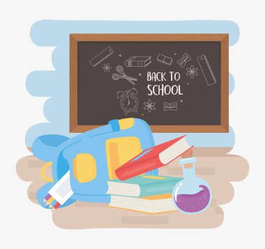 Okula, karatahta sırt çantası kitaplarına tüp eğitimi çizgi filmine.