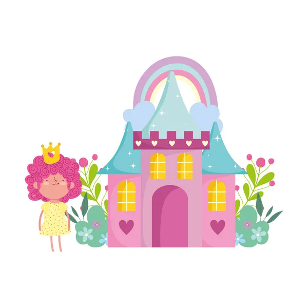 Petite princesse de fée avec couronne château arc-en-ciel fleurs conte dessin animé — Image vectorielle