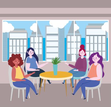 Sosyal uzaklık restoranı ya da kafe, masada oturan kadınlar mesafeyi koru, covid 19 koronavirüs, yeni normal hayat.