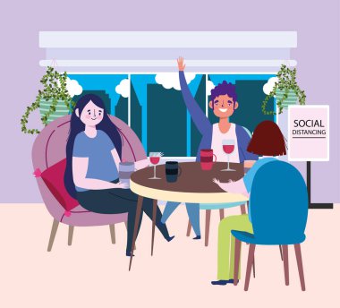 Sosyal mesafeli restoran ya da kafe, masada oturan erkek ve kadınlar mesafeyi koruyun, covid 19 koronavirüs, yeni normal hayat