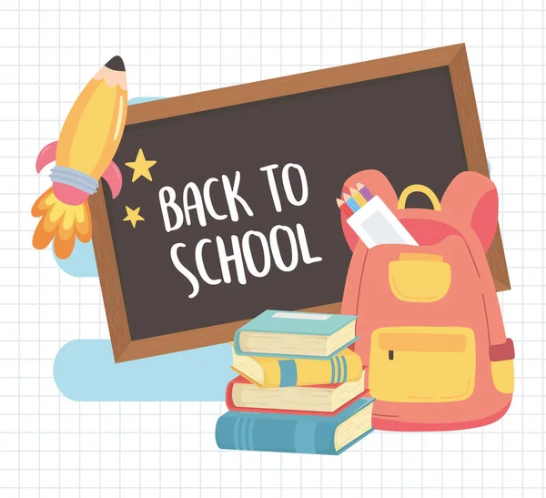 Πίσω στο σχολείο, σακίδιο chalkboard βιβλία και μολύβια χρώμα εκπαίδευση κινουμένων σχεδίων — Διανυσματικό Αρχείο