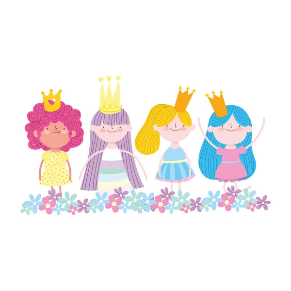 Kleine feeën prinses karakter met kroon bloemen verhaal cartoon — Stockvector