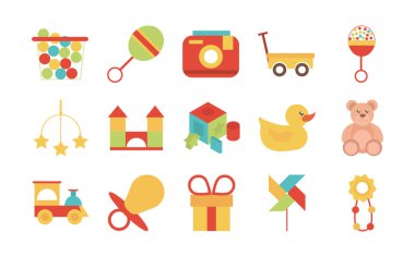 Küçük çocukların oynaması için oyuncak nesne, düz çizgi film simgeleri ayarlandı