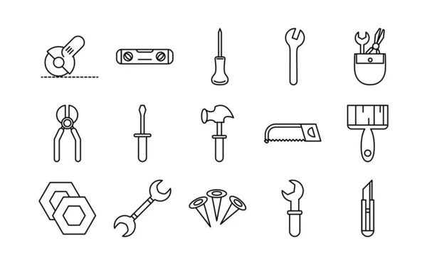 Iconos de equipos de mantenimiento y construcción de reparación de herramientas set line style icon — Vector de stock