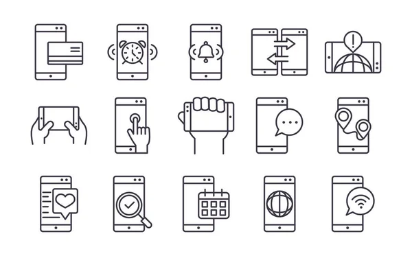 Technologie zařízení smartphone digitální aplikace a konekce tenké čáry styl designu ikony nastavit — Stockový vektor