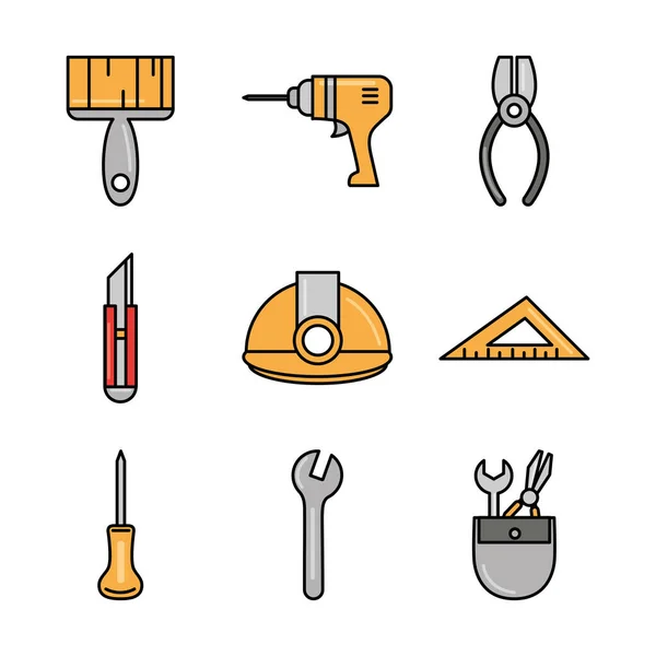 Mantenimiento de la reparación de herramientas y equipos de construcción iconos establecer línea y llenar — Vector de stock