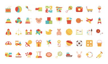 Küçük çocukların oynaması için oyuncak nesne, düz çizgi film simgeleri ayarlandı