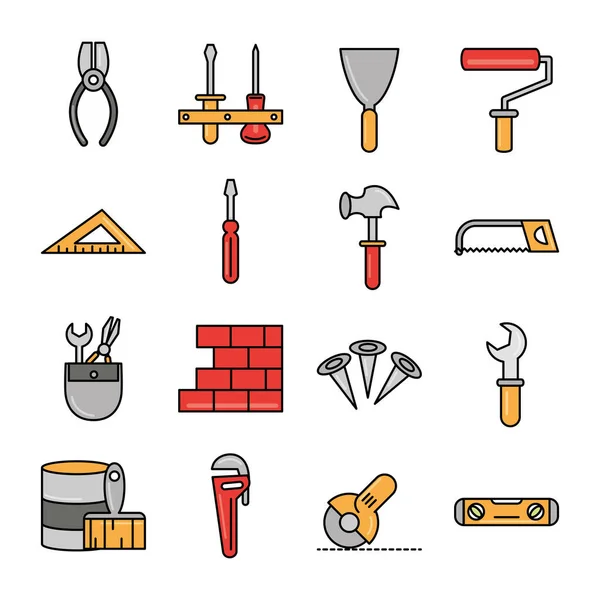 Mantenimiento de la reparación de herramientas y equipos de construcción iconos establecer línea y llenar — Vector de stock