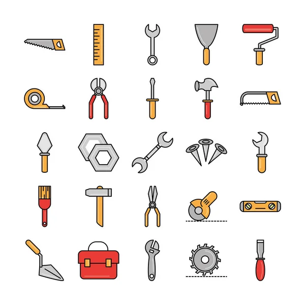 Mantenimiento de la reparación de herramientas y equipos de construcción iconos establecer línea y llenar — Vector de stock