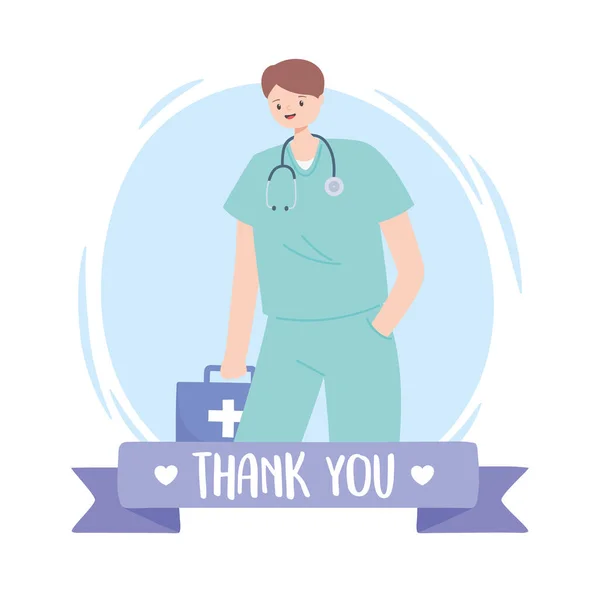 Tack läkare och sjuksköterskor, läkare med stetoskop och kit första hjälpen — Stock vektor